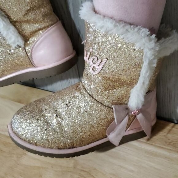 Juicy Couture Boots Bling Glitter Winter Snow Furry Gold Pink Big Girls SIZE 3 - Picture 14 of 16